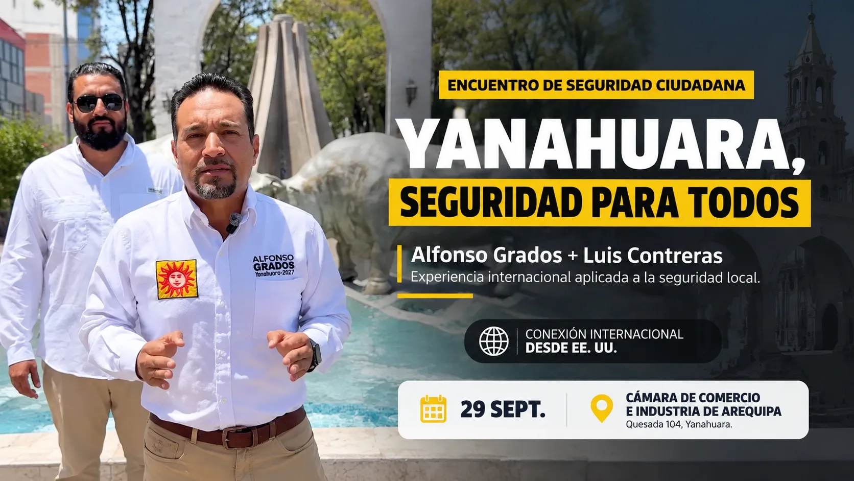 Alfonso Grados y Luis Contreras participan en el encuentro “Yanahuara, seguridad para todos” en la Cámara de Comercio e Industria de Arequipa, con participación internacional vía virtual.